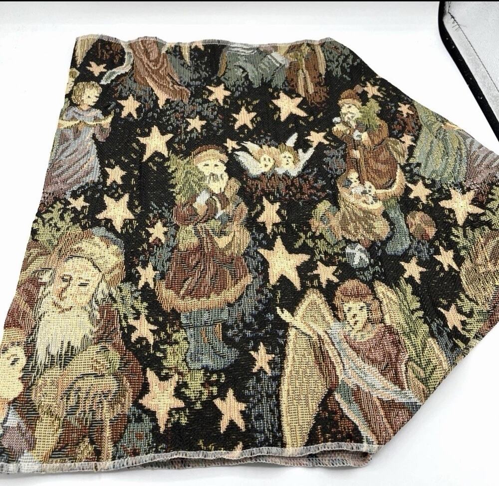 Vintage Christmas Tapestry Table Runner 35” Old World Santa Folk Art Stars